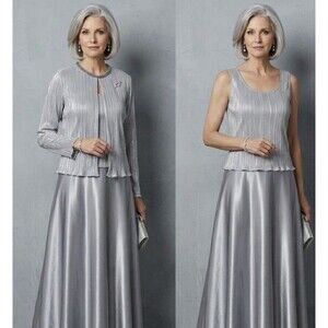 Cachet Elegant 2 Piece Dress Ensemble Formal Gown & Pleated Jacket Evening Satin